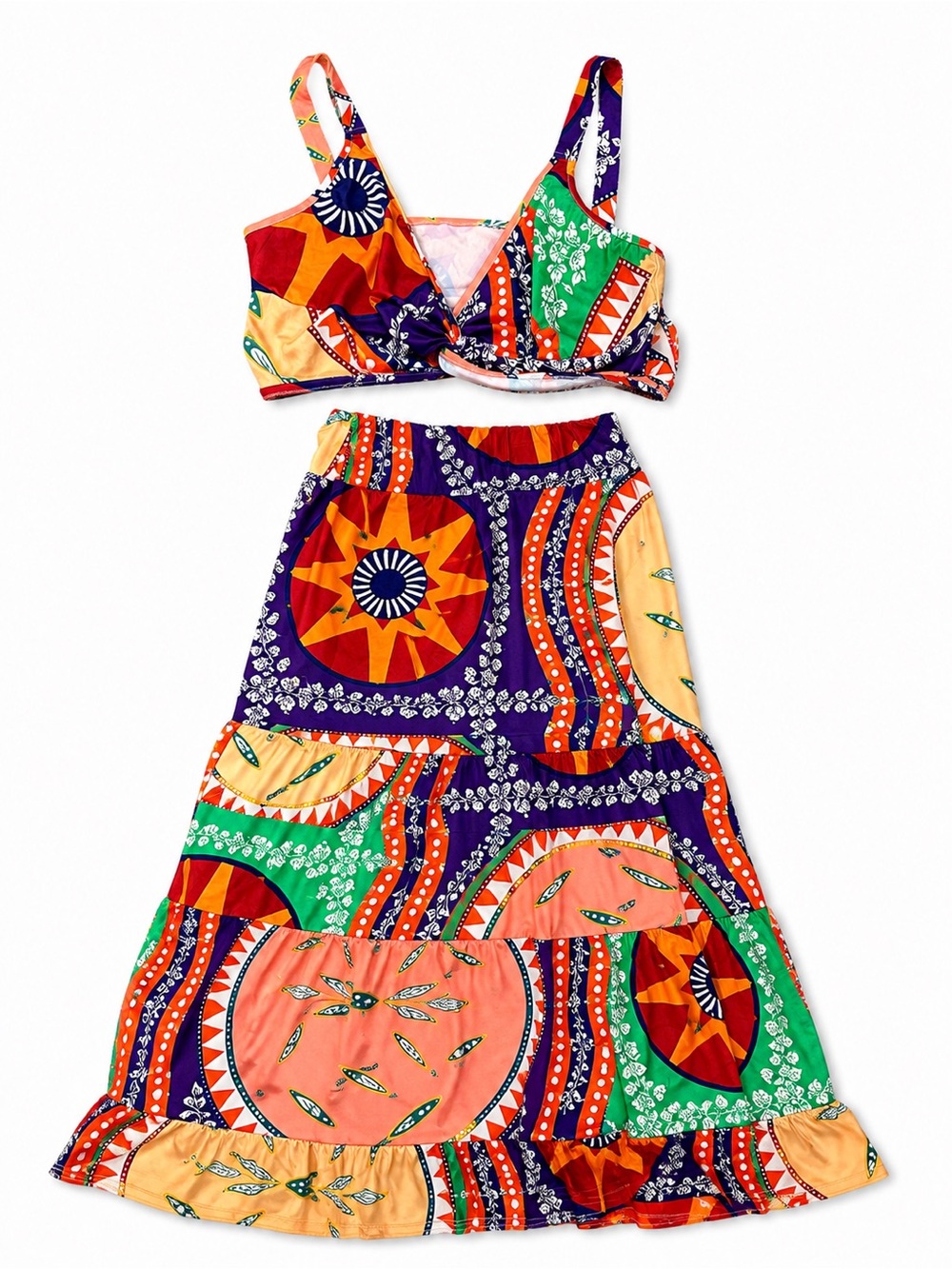 Vibrant Multi-Color Boho Maxi Dress with Matching Bikini Top